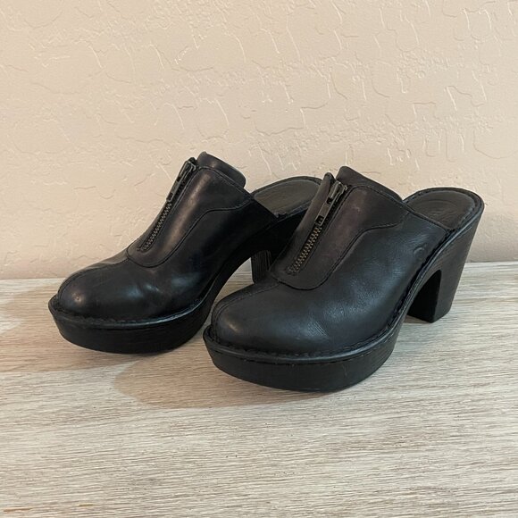 Born Haledon 7 Mules Clogs Black Leather Zip Platform Heels - Picture 1 of 14